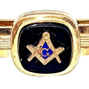 Vintage Freemason G Compass Square Money Tie clip Gold Tone Black Blue enamel